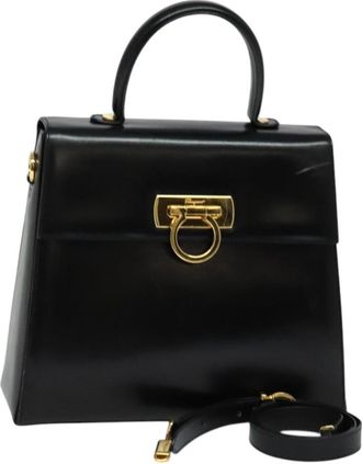 Ferragamo Gancini Convertible Top Handle Bag Leather Black Leather Handbag (Pre-Owned)