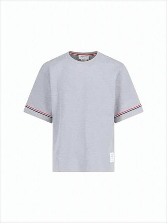 Thom Browne Short-Sleeved Light Grey Cotton T-Shirt With Tricolor Accents