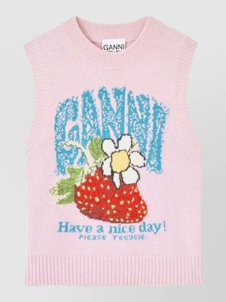 Ganni crew neck graphic knit sleeveless top