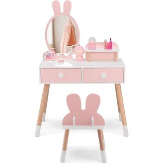 Costway Set Toeletta per Bambini, Set Tavolo da Trucco in Legno per Bambini con Sgabello, Specchio a Forma di Coniglio Staccabile, Cassetti, Ideale