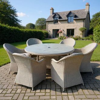 Shatchi Sorrento 6-Seater Rattan Dining Set, Round Garden Table with Chairs, Outdoor Patio Furniture Set in Natural