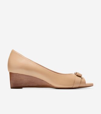 Cole Haan Womens Go-To Malta Peep Toe Bow Wedges - Beige Size 10.5