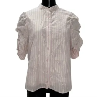 Ciebon Womens Metallic Striped Puff Sleeves Button Top In Pink