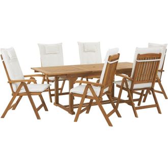 Beliani Beliani - 6 Seater Garden Dining Set Acacia Wood Foldable Chairs Off-White Cushions Java