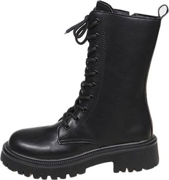 Generic Black Female Comfortable Ankle Boots Solid Color Round Toe Front Lace Up Side Zipper Low Heel for Indoor and Outdoor