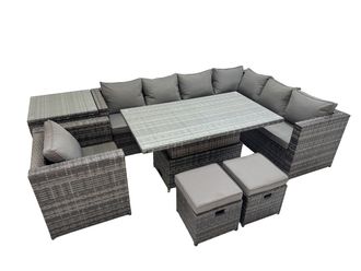 Fimous 9 Seater Rattan Corner Sofa Sets with Chair Side Table 2 Small Stools in Dark Grey