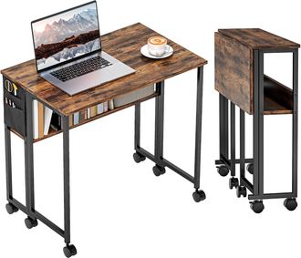 HOMCOM 80 Cm Foldable Computer Desk On Wheels For Small Spaces - Rustic Brown | TJ Hughes