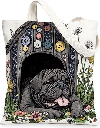 Generic Spring Neopolitan Mastiff Dog Canvas Tote Bag for Shopping 13x15, Fun Flower Puppy Kennel Reusable Grocery Print Pattern Bag for Women, Cute Pet Beach