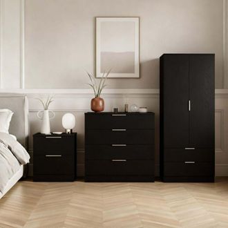 Home Discount Trega 3pc Bedroom Furniture Set - 2 Drawer Bedside, 4 Drawer Chest & 2 Door Wardrobe, Black