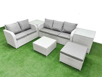 Fimous 6 Seater PE Rattan Wicker Garden Furniture Patio Conservatory Sofa Set w/ Square Coffee Table 3 Seater Sofa Love Sofa Big Footstool 2 Side