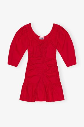 Ganni Red Cotton Poplin Gathered U-neck Mini Dress - Size 10/12 Organic