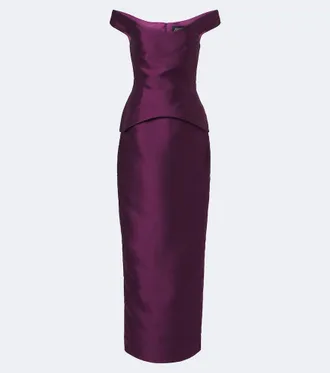 Solace London Pieta off-shoulder peplum satin gown