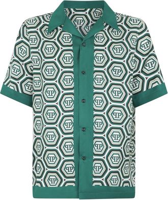 Philipp Plein Silk Bowling Shirt Monogram 70s - Heren - Korte mouwen Overhemden - Groen - S - Overhemden