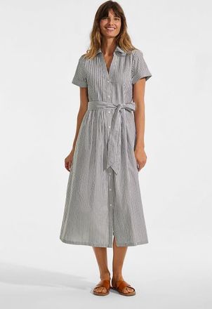 Lands End Poplin Pintuck Detail Shirt Dress in Rich Coffee Pinstripe at Nordstrom, Size X-Large
