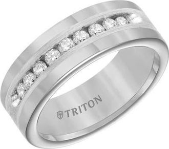 Triton 8MM Tungsten Diamond Ring with Channel Set Silver Satin Finish Inlay and Round Edge in Metallic Silver at Nordstrom, Size 11.5