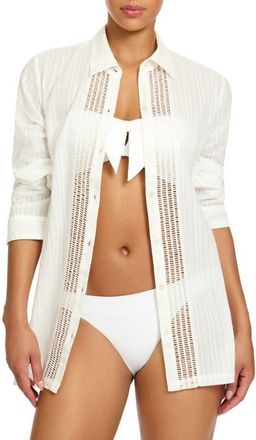 Robin Piccone Marina Ladder Stitch Embroidered Semisheer Cotton Cover-Up Shirt in White at Nordstrom, Size X-Small