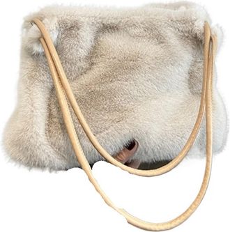 Generic Womens Plush Bags Plush Large-capacity Bag Womens Autumn And Winter Shoulder Underarm Fashionable Bucket Handbag(Khaki)