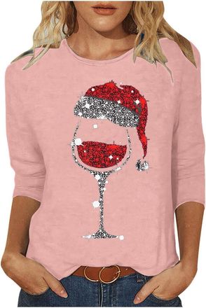 Generic Womens Christmas Tops UK Casual 3/4 Sleeve Crew Neck Tunic Shirts Funny Xmas Tree Red Wine Glass Cow Print Blouse Dressy Trendy Lightweight Holiday Cl