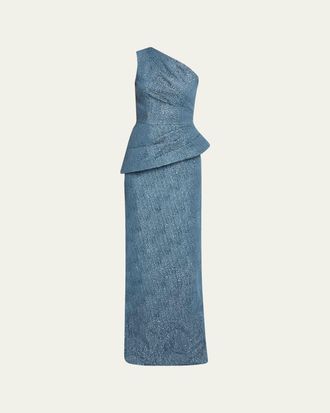 Teri Jon One-Shoulder Metallic Jacquard Peplum Gown
