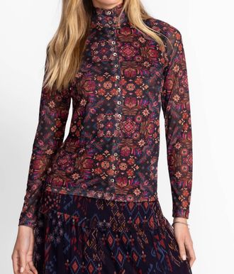Johnny Was Mesh Button Up Mock Neck Top In Brandi