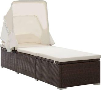 vidaXL Sun Lounger with Canopy and Cushion Poly Rattan Brown Vidaxl