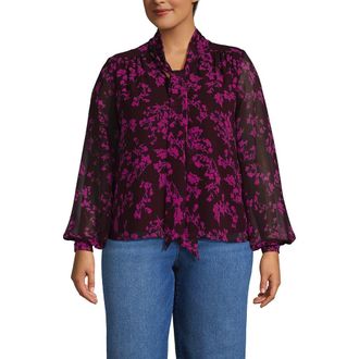 Lands End Chiffon Removable Tie Neck Blouse in Lush Burgundy Wildflowers at Nordstrom, Size 3 X