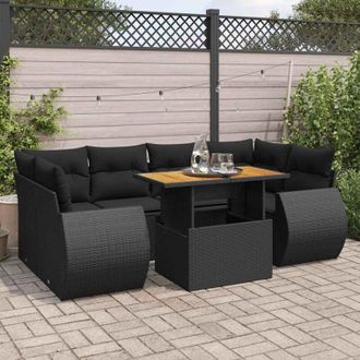 vidaXL Set De Sof&aacute;s De Jard&iacute;n 7 Pzas Con Cojines Rat&aacute;n Sint&eacute;tico Negro Vidaxl