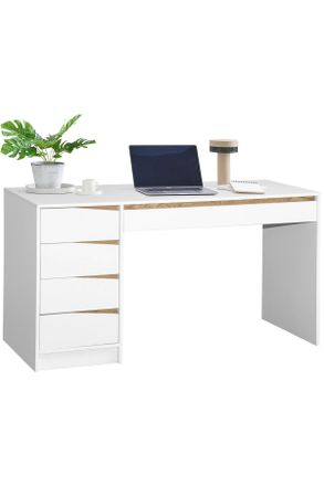 Venda Schreibtisch, Wei&szlig;, Eichefarben, Holzwerkstoff, 5 Schubladen, rechteckig, Wange, Sockel, 60x76x140 cm, Bsci, Stauraum, B&uuml;rom&ouml;bel, B&uuml;rom&ouml;bel-Sets & B&uuml;r