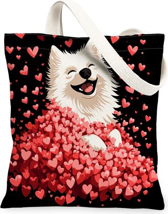 Generic Valentines Day Shiba Inu Dog Canvas Tote Bag for Shopping 13x15, Fun Heart Puppy Reusable Grocery Print Bag for Women, Lover Pet Beach Aesthetic Paint