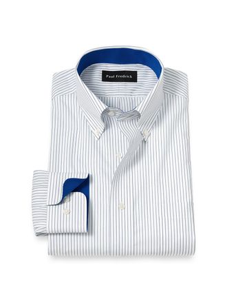 Paul Fredrick Non-iron Cotton Stripe Dress Shirt With Contrast Trim