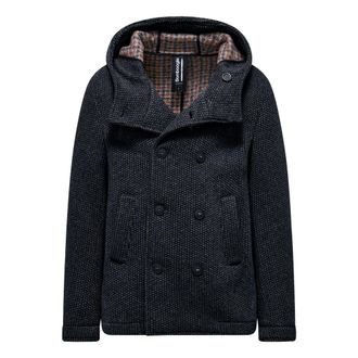 Bomboogie Korte double-breasted jas van gekookte wol met capuchon - Heren - Mantels - Blauw - Maat: S Wol