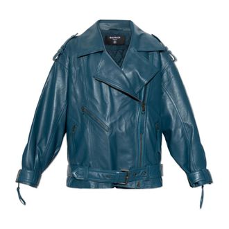 Balmain Leren Jas Met Riem - Dames - Leren en Su&egrave;de Jassen - Blauw - XS - Leer - Jassen