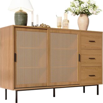 STILVORA Aparador Con 2 Puertas Correderas, 3 Cajones Y Estantes Ajustables, Estilo R&uacute;stico, En Tablero De Part&iacute;culas, Natural, 140&times;37&times;91 Cm