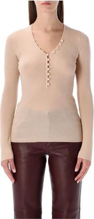 Chlo&eacute; Fitted Henley Top - Dames - Longsleeves - Roze - L - Wol - Tops