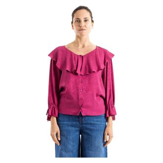Chlo&eacute; Blouses, female, Pink, Size: XS Round-neck Ruffled Silk Blouse