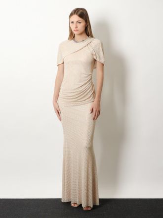 Self Portrait Womens Maxi Dress Rhinestone Trim Beige Polyester