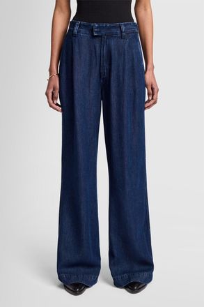 7 For All Mankind Womens Ladies Jeans Pleated Trouser Wide Leg Fit - Dark Blue - Size 27 (Waist)