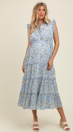 Pinkblush Floral Print Frilled Pocketed Midi Dress in Blue at Nordstrom, Size Large