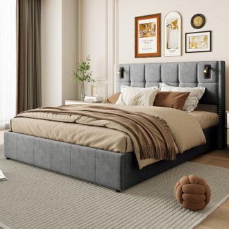 OEM Cama Lit 140x200 Cm De Terciopelo Gris - Cabecero Con 2 L&aacute;mparas De Lectura Led Y Almacenamiento Hidr&aacute;ulico
