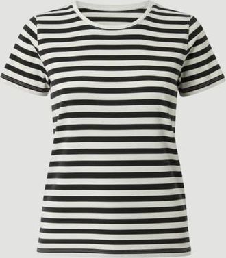 Majestic Filatures Stretch Linen Stripe Short Sleeve Crewneck T-Shirt in Noir at Nordstrom, Size 2