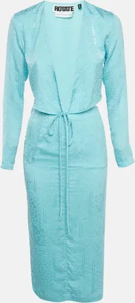 Rotate Blue Textured Jacquard Wrap Top And Skirt Set