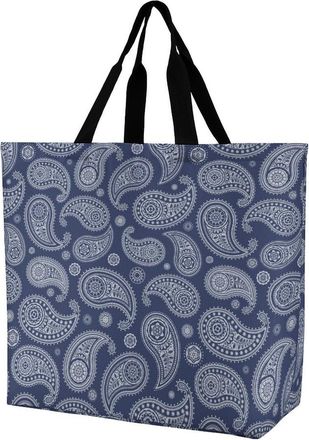 Generic Blue Paisley Bandana Reusable Grocery Bag Large Capacity Foldable Shopping Tote with Inner Pocket
