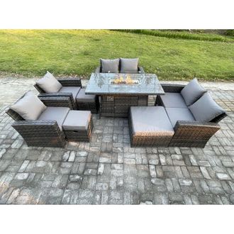 Fimous Outdoor Garden Furniture Sets 8 Pieces Wicker Rattan Furniture Gas Firepit Dining Table Sofa Set with 3 Footstools Dark Grey Mixed - Fimous