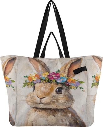 Generic Floral Colorful Rabbit print Reusable Canvas Tote Bag, Heavy Duty Grocery Shopping Bag with Large Capacity Double Handles Hard Bottom Work Groceries T