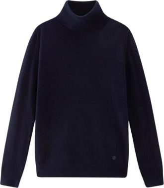 Woolrich Melton Blue Wool Blend High Neck Jersey - Dames - Coltruien - Blauw - XL - Wol - Truien & Vesten