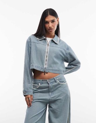 Liquor & Poker Giacca in denim squadrata blu gessata con dettagli ricamati in coordinato