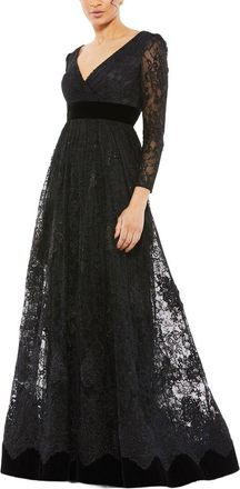 Mac Duggal Lace Long Sleeve V-Neck Wrap Over Gown