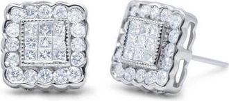 House of Brilliance 14K White Gold 1.0 Cttw Diamond Scallop-Edge Framed Square Halo Stud Earrings at Nordstrom