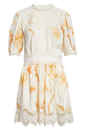 Reiss Lacey Print Eyelet Minidress in Ivory/Pink at Nordstrom, Size 14 Us