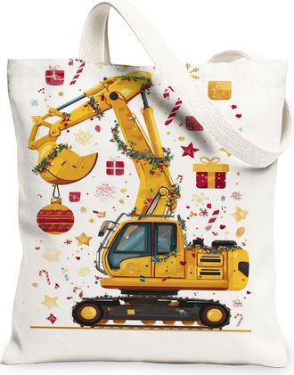 Generic Holiday Construction Equipment Canvas Tote Bags, Fun Heavy Machinery Pattern Reusable Grocery Bags, Christmas Lightweight W, White, 13x15 Inch